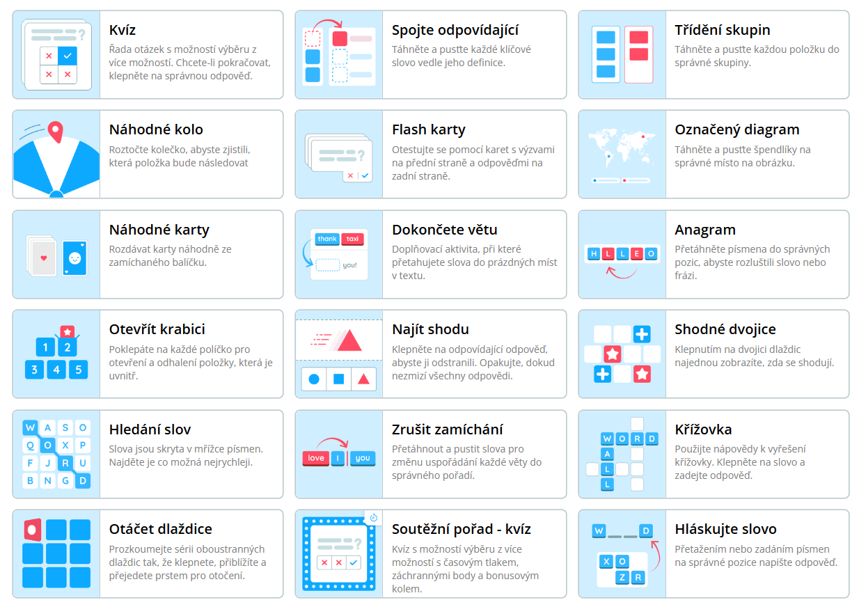 Aplikace Wordwall nabízí množství různých interaktivních her.