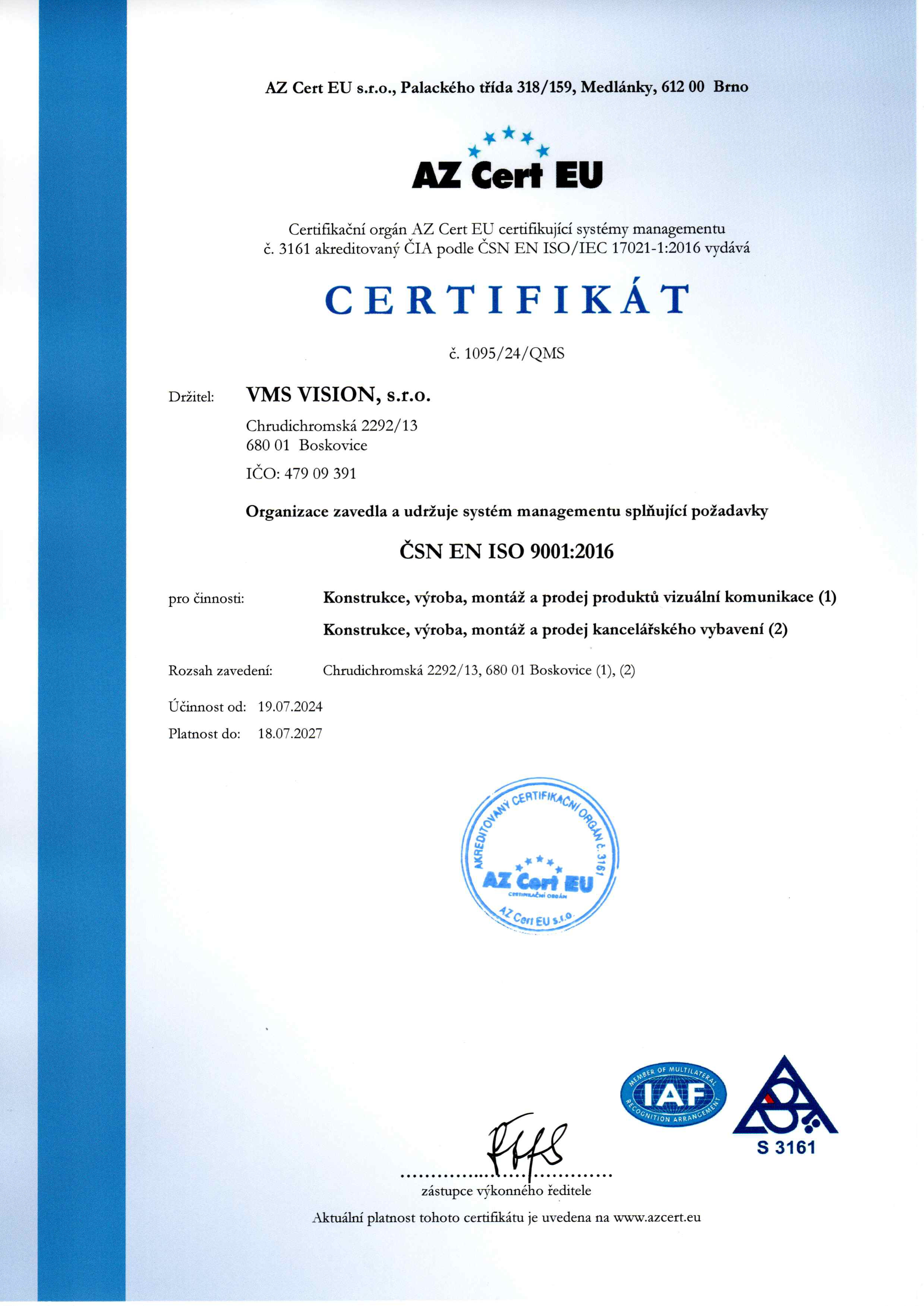 Certifikát ČSN EN ISO 9001.